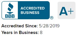 BBB accredited business, A+ accredited since 5/28/2019, years in business 8